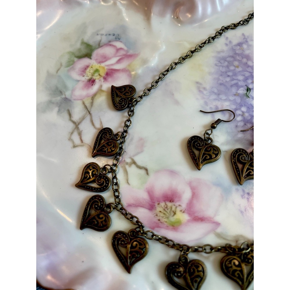 Vintage Brass Heart Charm Necklace And‎ Earrings